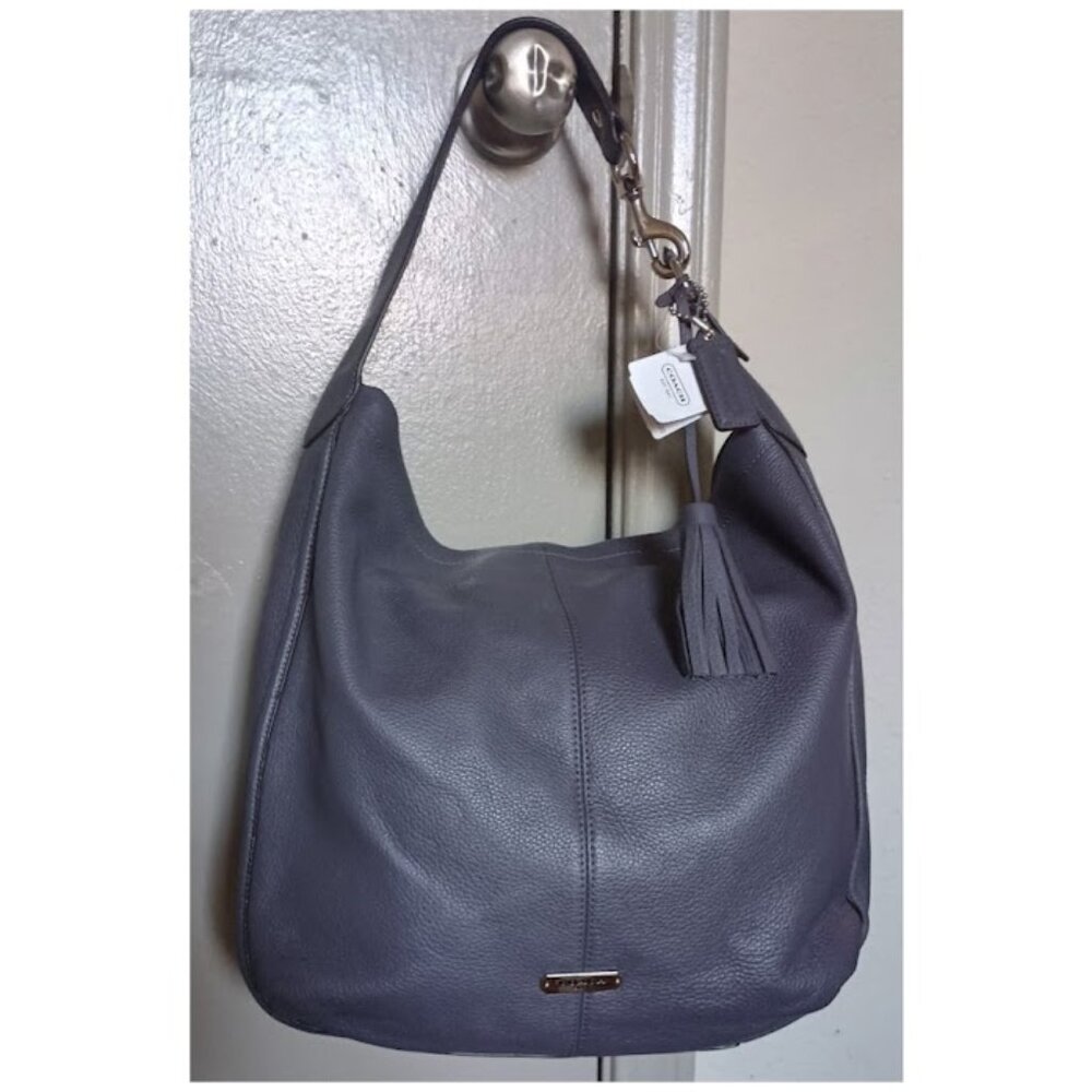Coach avery slate purple pebbled leather tassel hobo bucket bag